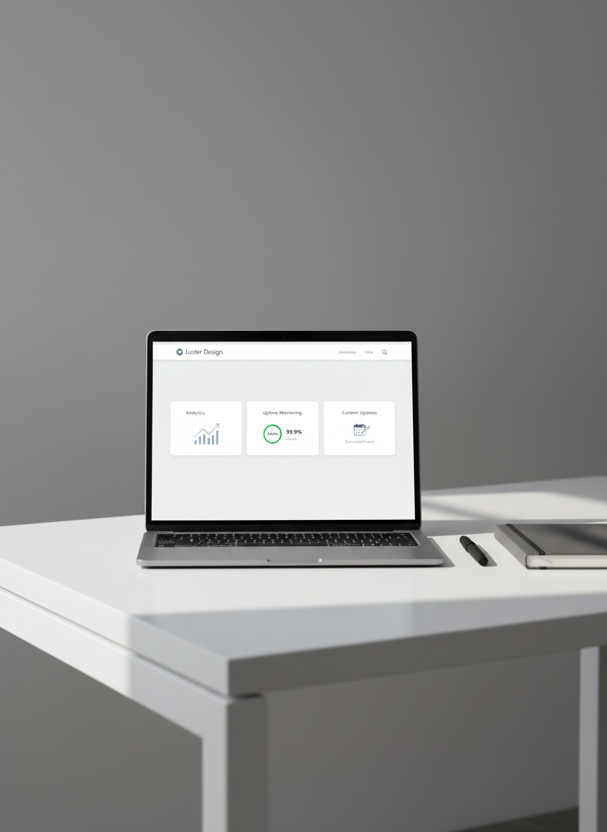 A sleek, silver laptop with a slim bezel display showing a clean, minimalist website dashboard of Luster Design, featuring organized cards for analytics, uptime monitoring, and content updates. The laptop rests on a matte white desk with sharp, clean edges, beside a closed graphite-gray notebook and a neatly aligned black pen. Soft, diffused daylight enters from an unseen window, creating gentle reflections on the laptop’s metallic surface and subtle shadows that define the geometry of the scene. Shot from a slightly elevated angle with a centered, balanced composition and medium depth of field, the background fades into a softly blurred neutral gray wall. The photographic style is hyper-realistic, with a crisp, corporate aesthetic and calm, professional atmosphere conveying fast, reliable website management.